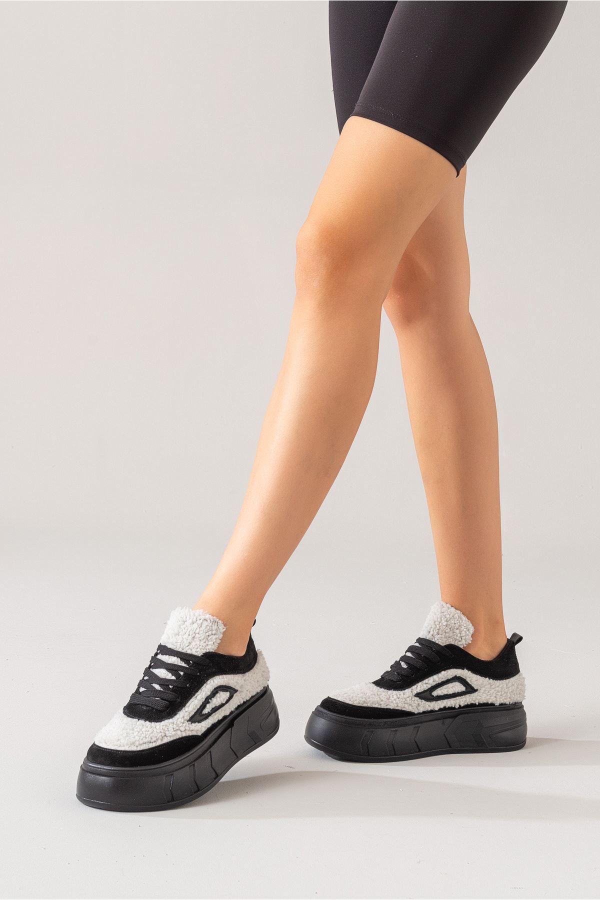 Alego Kadın Deri Spor Ayakkabı Siyah Süet-Beyaz Kürk 