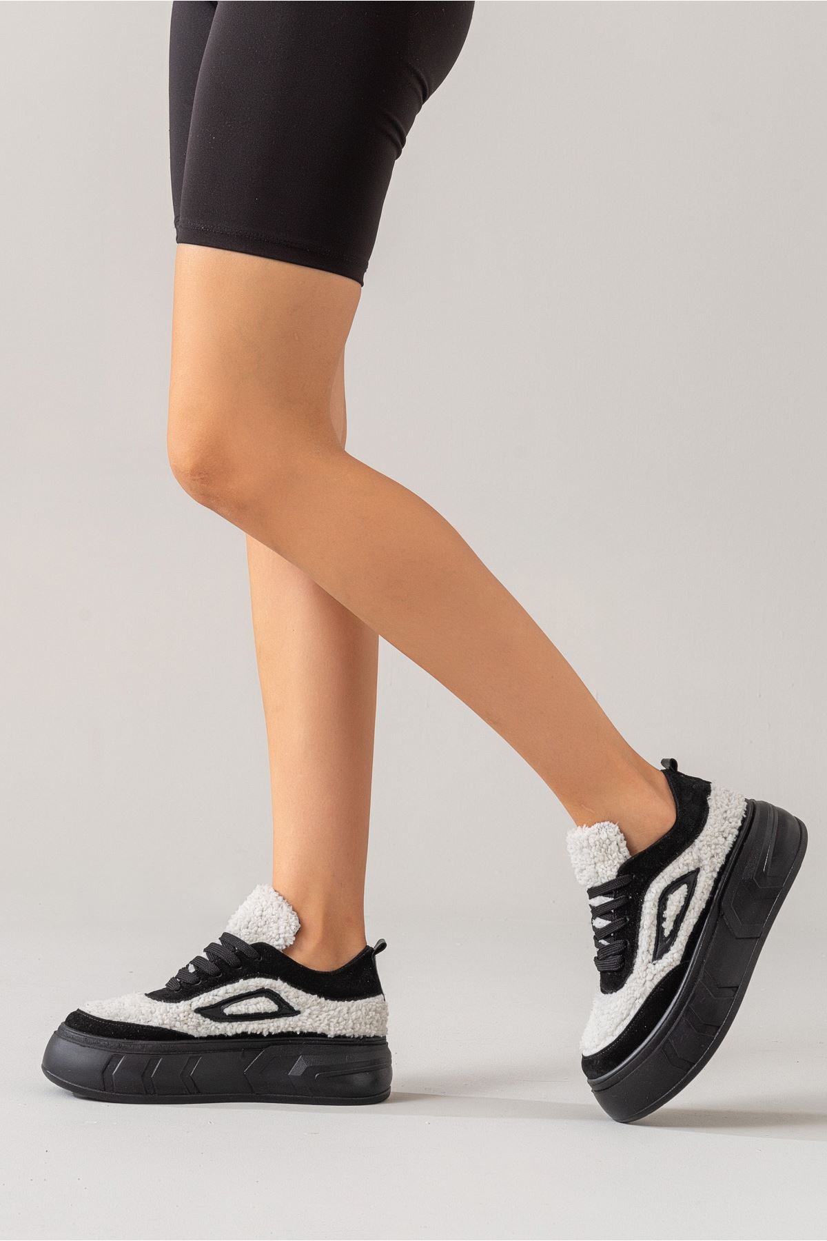 Alego Kadın Deri Spor Ayakkabı Siyah Süet-Beyaz Kürk 
